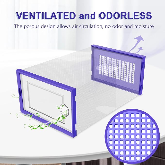 Kuject Large Shoe Organizers Storage Boxes for Closet, 12 Pack Clear Plastic Stackable Storage Bins with Lids, Under Bed Shoe Containers for Entryway, Drop Front, Fit up to Women's Size 10,Purple