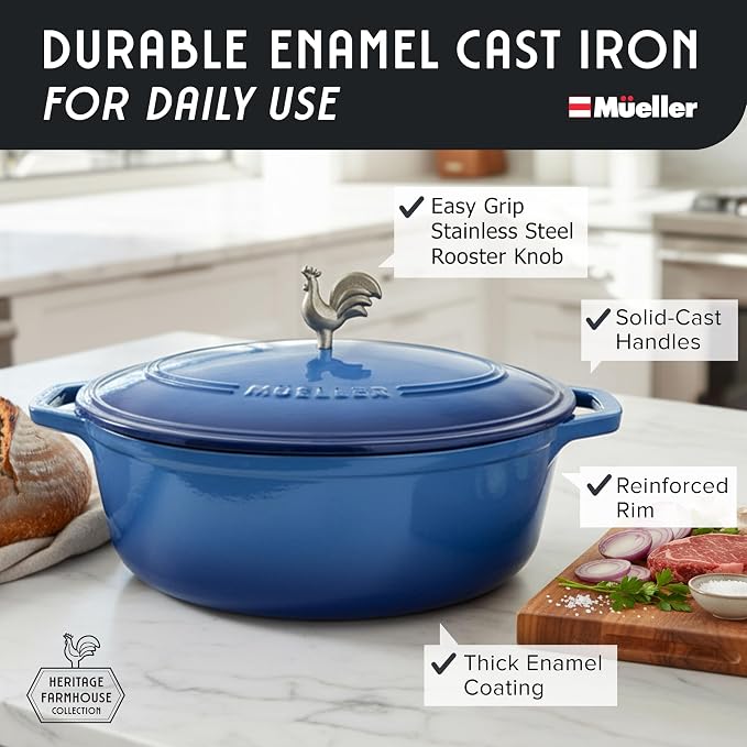 MUELLER HOME 5.5 Quart Enameled Cast Iron Oval Dutch Oven w Rooster Knob & Cotton Potholders, Heavy-Duty Cookware, Oven-Safe up to 500° F & Across All Cooktops, Gifts for Grandma & Women, Aqua Blue | w Rooster Knob & Cotton Potholders, Heavy-Duty Cookw...
