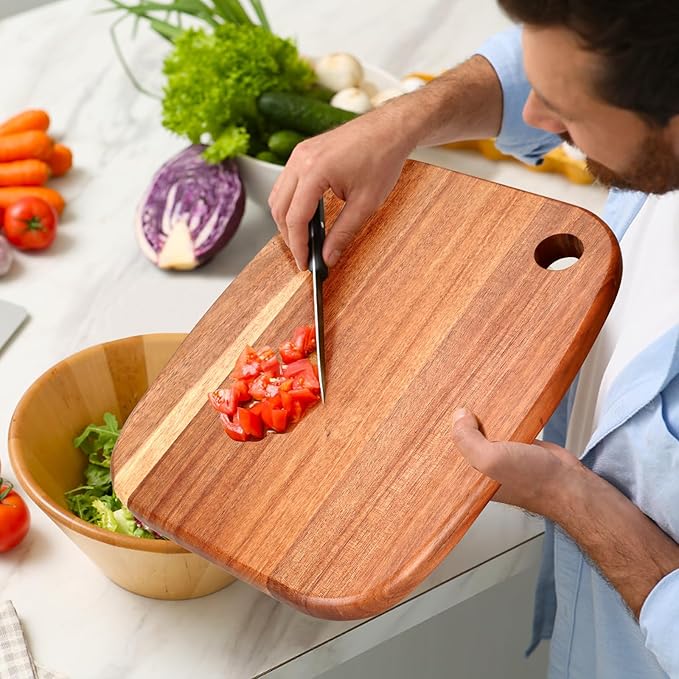 Large Acacia Wood Cutting Boards for Kitchen with Hanging | Big Wooden Cutting Board for Vegetables, Bread, Steak, Meat, Cheese, Charcuterie - BPA Free, 14" x 11"