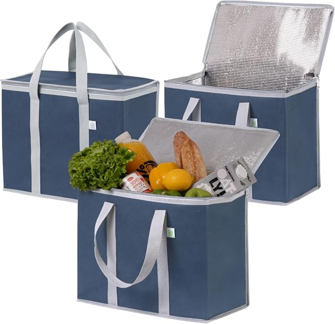 VENO 3 Pack Cooler Bag Insulated Grocery Bags for Food Delivery Heavy Duty | Large Collapsible Cooler, Reusable Shopping Tote w/ Zippers, Foldable, Stands Upright, for Picnic Camping (Dark Blue, 3 Pack)