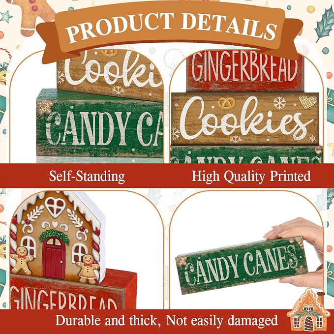 Lineshading 4 Pcs Christmas Table Decor Gingerbread House Tiered Tray Decor | Wood Rustic Gingerbread Block Signs, Christmas Table Centerpiece, Farmhouse Home Decor for Table Kitchen Shelf Party Gift
