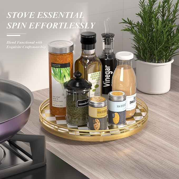 AMH 12-Inch Gold and White Checkerboard Lazy Susan with Metal Rail | Smooth rotating oak tray with walnut finish for dining tables, kitchen counters, pantries and cabinet storage.