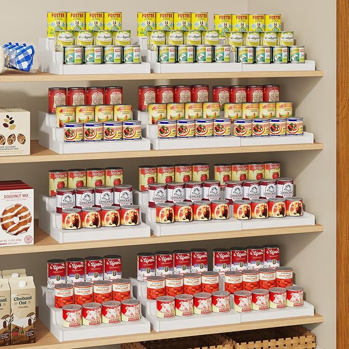 3-Tier Expandable Bamboo Can Organizer for Pantry, Holds 24 Cans, White | Adjustable Can Storage Rack for Kitchen Cabinets, Soda & Canned Goods Holder for Pantry Organization, White (Patent Pending)