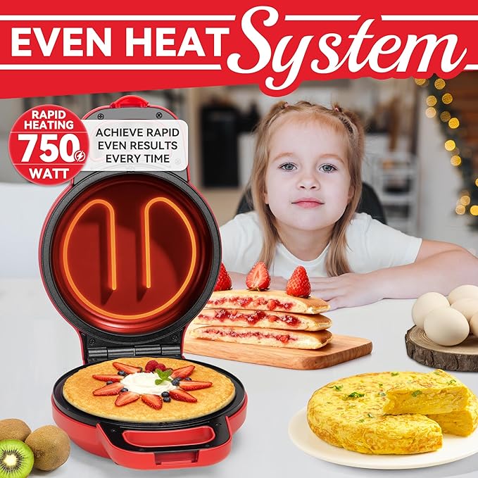 SugarWhisk Flip Pancake Maker Machine, Ceramic Coated Pancake Pan for 6.5 Inch Pancakes, Omelette, Crepe & Quesadilla, Frittata, Double Sided Omelette Pan Nonstick, Red
