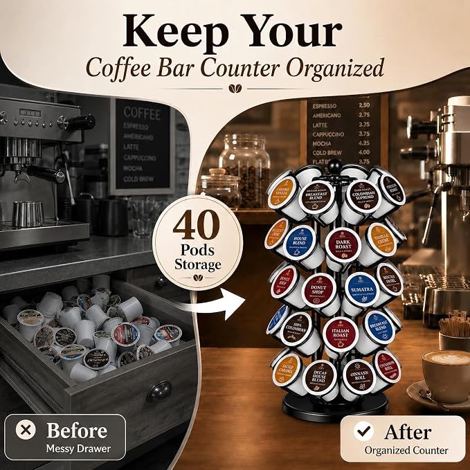 K Cup Holder, Coffee Pod Holder Storage Organizer Stand, 40 Pods Carousel | K Cup Carousel,Polished Top Ball,360°Rotating K Cup Organizer,Stable Base,Space-Saving for Countertop,No Assembly Required
