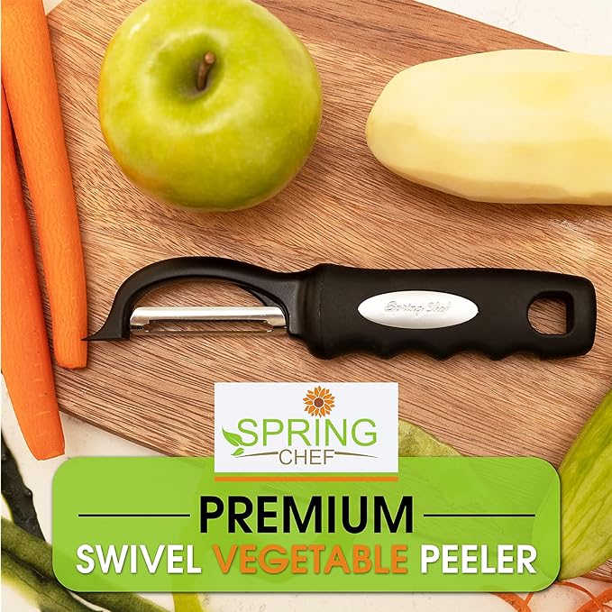 Spring Chef Swivel Vegetable Peeler for Kitchen w/Soft Grip Handle, Black | Premium Potato Peeler w/ Ultra Sharp Stainless Steel Blades, Multifunctional Veggie Peeler for Apple, Carrot, Cucumber, Fruit