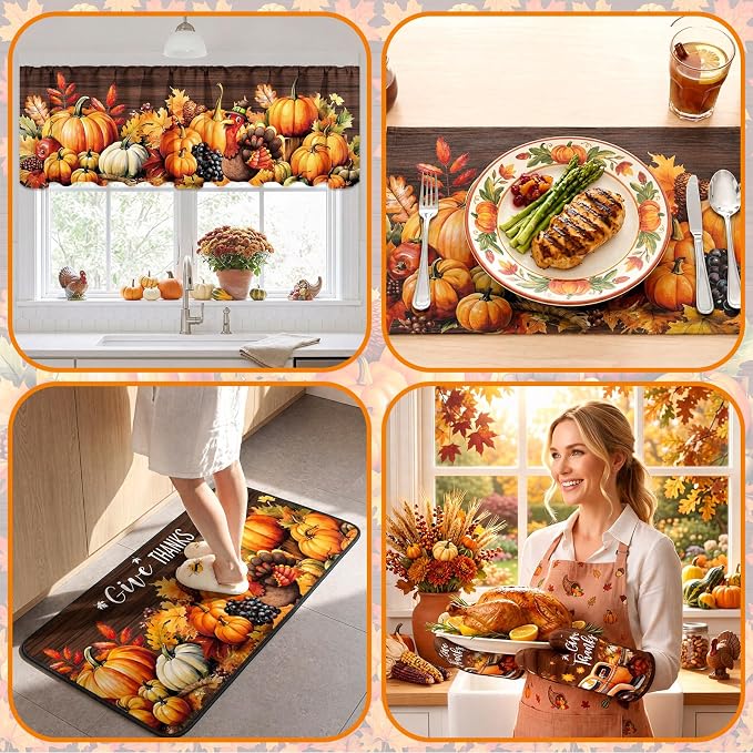 Fourluoo 16 Pcs Thanksgiving Kitchen Decor Set, Pumpkin Kitchen Towels and Dishcloths Give Thanks Non Slip Rugs Mats for Floor Oven Mitts and Pot Holders Curtains Set for Home Decoration