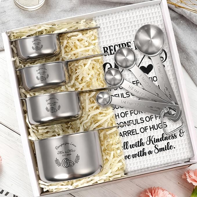 Wedding Gifts for Couples 2026, Bridal Shower Gifts for Bride to Be, Engagement Gift for Newlyweds, Bride Gift, Mr and Mrs Measuring Cups and Spoons Set with Dish Towel