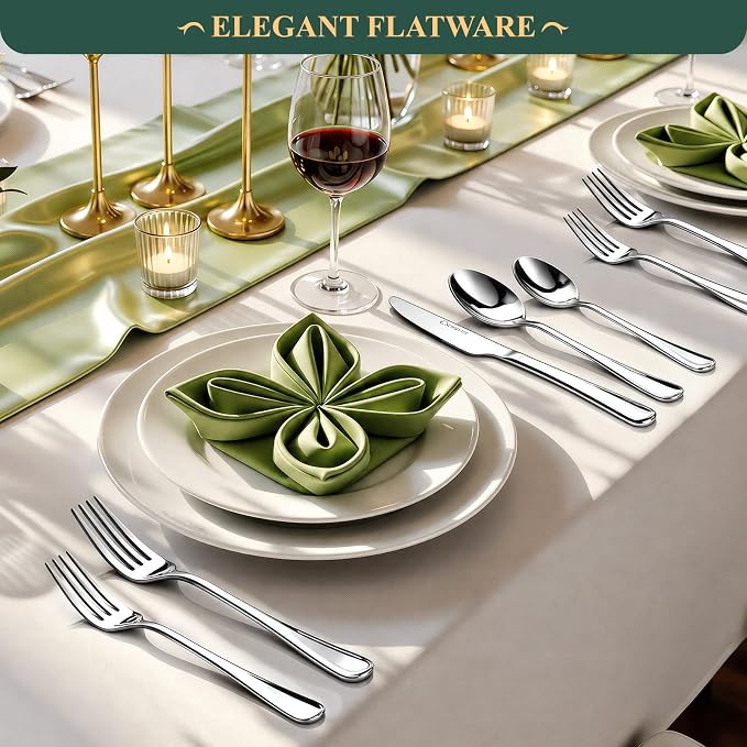 49-Piece Silverware Set with Bamboo Organizer,Flatware Utensil Set for 8 | Heavy-Duty Stainless Steel, Cutlery Set with Steak Knives, Rust-Proof, Dishwasher Safe