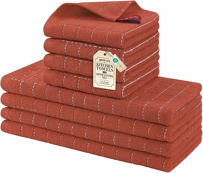 Homaxy Kitchen Towels and Dishcloths Set, Set of 8, Rust | Bulk Cotton Terry Kitchen Towels, Checkered Designed, Soft and Super Absorbent Dish Towels, 12 x 12 and 13 x 28 Inches