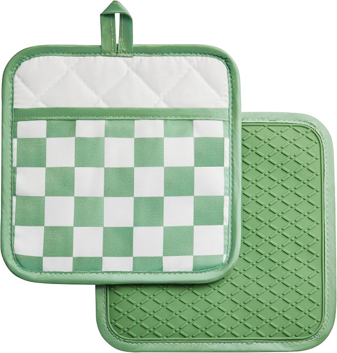 Ohocut Sage Green Checkered Pot Holder, Checkerboard Potholders for Kitchen, Silicone Pot Holders with Pocket for Kitchen Clearance 2 Pack Set, Hot Pads and Oven Mitts for Cooking Baking
