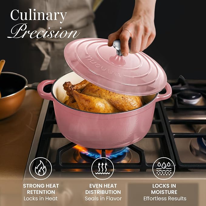 Nuovva Enamelled Cast Iron Dutch Oven Pot with Lid 6.4 Quart Non Stick Casserole Pot-Heavy Duty & Oven Safe up to 500° F for Bread Baking, Braising, Stews, Roasting - 28cm Pink