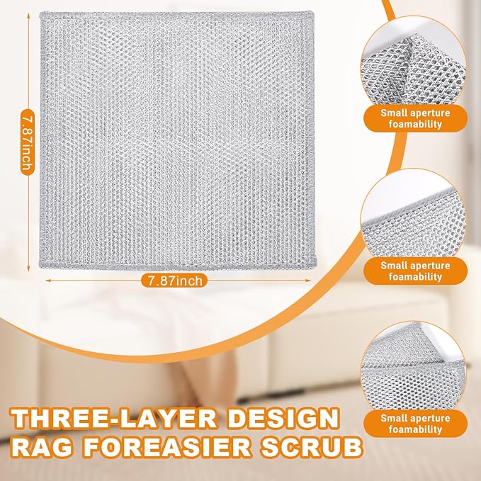 20 Pcs New Upgrade 3-Layer Metal Dish Cloth, 7.87x7.87 Inch Cleaning Cloth | No Scratches Wire, Reusable Multipurpose Wire Dishwashing Rag for Kitchen Cleaning Cloths,Sinks,Dishes,Stove Top, Dimensions