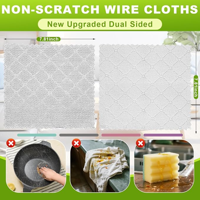 12 Pcs Multipurpose Wire Dishwashing Rag, 10"x10" | Upgraded Double-Layer Non-Scratch Wire Dish Cleaning Cloths, Reusable Steel Scrubberfor Kitchen, Cookware, Sinks, Stove Tops,