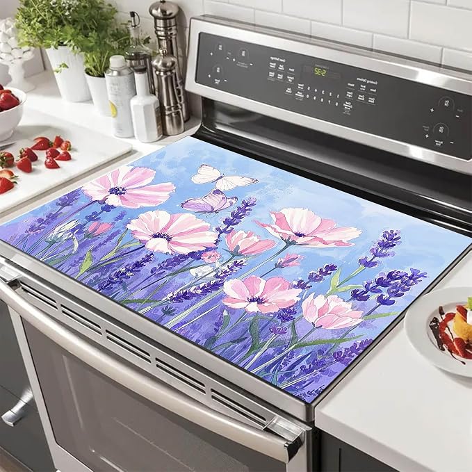 HOMETITUTE Stove Top Cover 28x20 Pink Floral Purple Garden Diatomite Mat