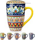 vancasso Ceramic Tea Mug with Infuser and Lid, 18 Ounce Bohemian Loose Leaf Cup, Microwave & Dishwasher Safe, Perfect for Tea, Coffee, Beige-Mustard Tribe