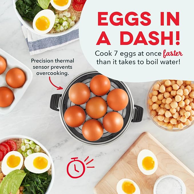 Dash Rapid Egg Cooker, 7 Hard Boiled Eggs, Black | Electric Egg Poacher, Boiler, Steamer & Omelette Maker Machine, Soft or Poached Eggs for Breakfast, Auto Shut-Off, BPA-Free