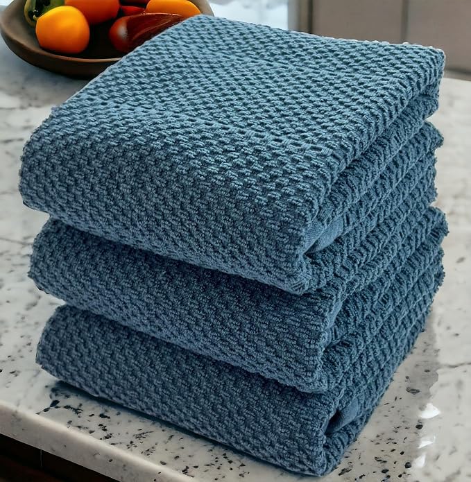 Teal Dark Blue Kitchen Hand Dish Towels, Set of 3, 100% Cotton, 18" x 28" | Terry Loop Textured, Soft & Absorbent Cleaning Cloth, Quick Dry, Multipurpose for Everyday Use