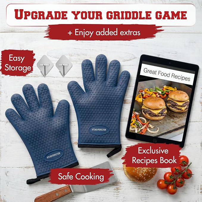 KITCHEN PERFECTION Silicone Griddle Grill Gloves Heat Resistant Oven Mitts | Waterproof, 5-Finger Design For A Better Grip, Best Griddle Grilling Accessories, Compatible with Blackstone, Weber & More