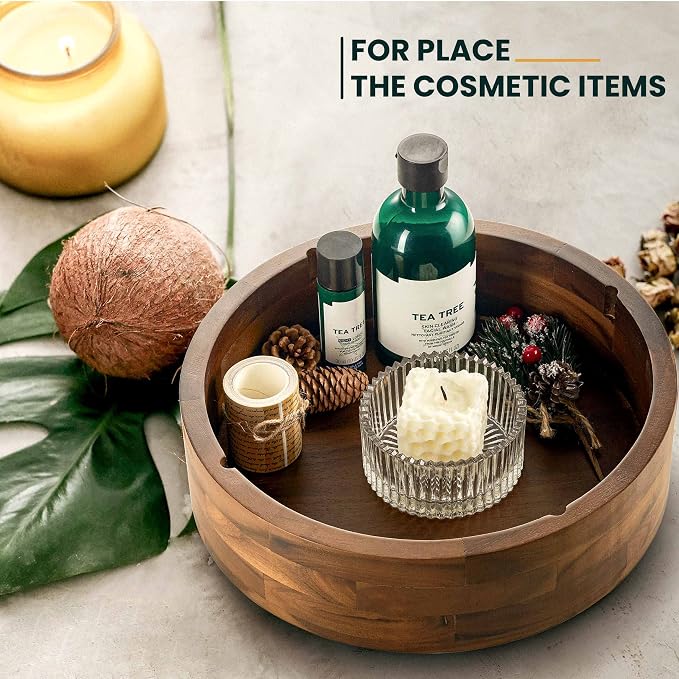 TIDITA 12" Wooden Lazy Susan Organizer with 4 Dividers, High Rim, Rotate | 360° Rotation, Acacia Wood, Non-Skid Pads, Removable Dividers, Wooden Round Serving Turntable for Tabletop, Multi-Use
