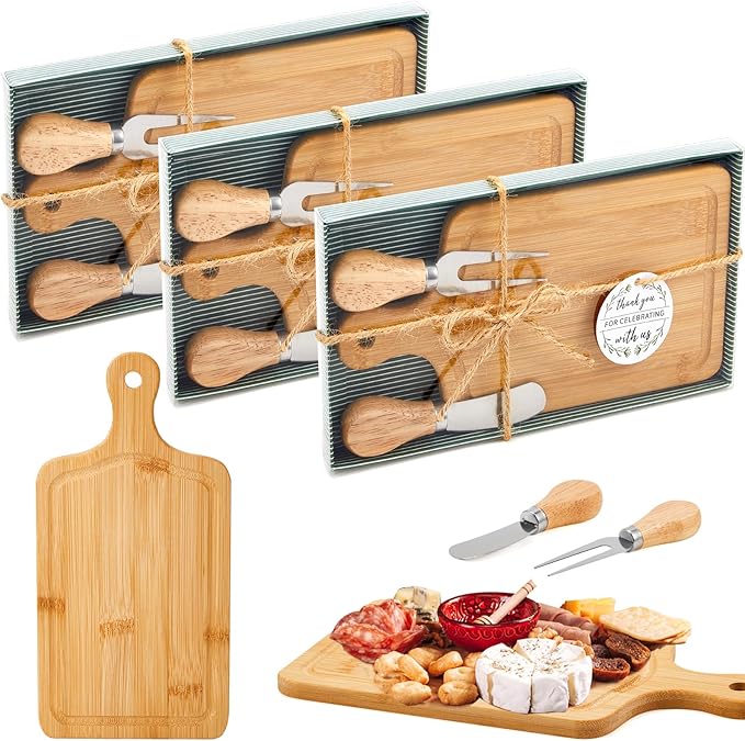 3 Sets Bridal Shower Favor Prizes Charcuterie Board,Bamboo Color | Bamboo Cheese Board with Knife Fork Thank You Tag, Gift Box for Guests, Valentines Wedding Baby Shower Party Favors