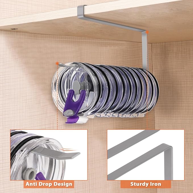 Tumbler Lid Organizer, Versatile Tumbler Lid Storage Holds 10 Lids, Grey | Space Saving Cup Lid Organizers Inside Cabinet Tumbler Lid Hook for Kitchen Organizer and Storage, Paper Towel Rack Hanger