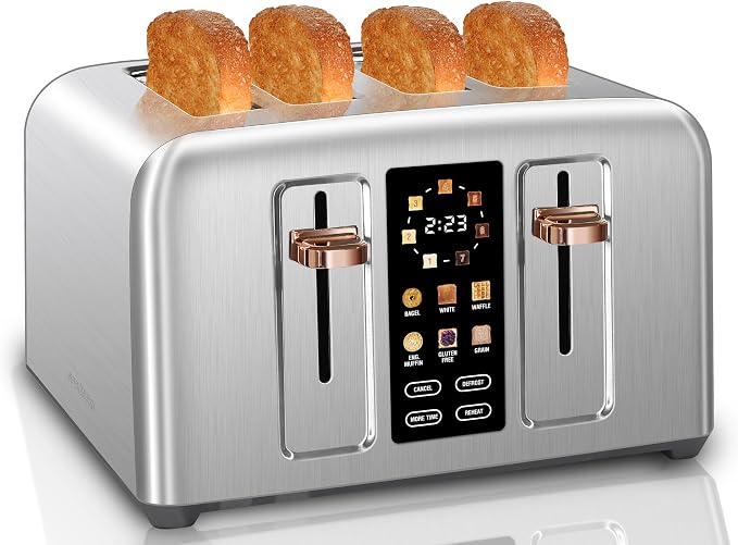 SEEDEEM 4 Slice Stainless Steel Toaster, 1.5" Wide Slots, Silver Metallic | Toaster 4 Slice, 6 Bread Type, 7 Shade Settings, 1.5'' Wide Slots, Cancel/Defrost/Reheat, Removable Crumb Tray, 1800W