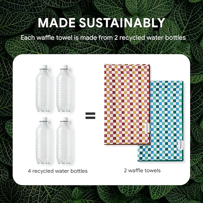 RECYCO Waffle Kitchen Towel Set of 2 - Quick Dry Microfiber Sustainable Dish Towels - Ultra Absorbent Reusable Cleaning Tea Towels - Lightweight Hand Towels,16”x 28”, Checkerboard Bliss