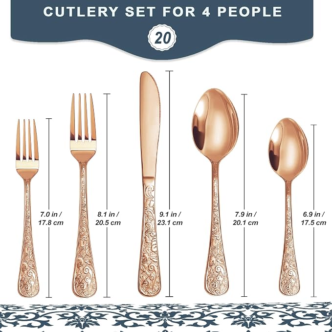 Runfly Vintage Carved Rose Gold Stainless Steel 20-Piece Flatware Set | Silverware Set, Modern Embossed Cutlery Set Utensils Kitchen Including Fork Spoon and Knife