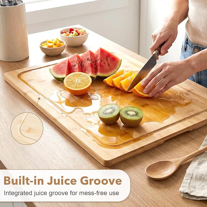 Bamboo Stovetop Cover for Electric Stove & Gas Range, 27.56 x 19.69 In, Lightweight Stove Top Cover with Built-In Handles, Juice Groove & Smooth Flat Surface for Extra Counter Space