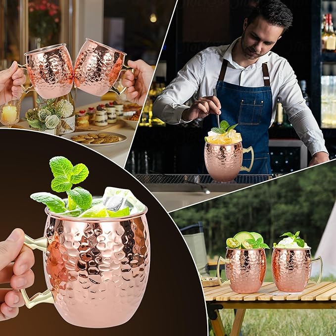 Amrules 4 Pcs 16oz Moscow Mule Mugs Hammered with Angled Handle, Copper | 304 Stainless Steel Lining, Delicate Hammered Finish, Firm Handle, for Cold Drinks, Cocktails, Wine, Beer, Bars & Parties