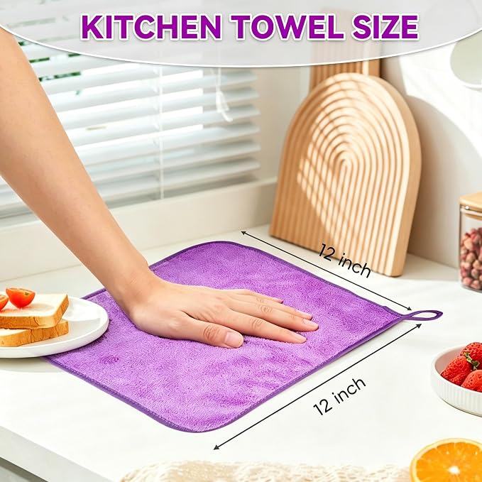Microfiber Cleaning Cloths, 6 Pack Purple Kitchen Towels | 12x12 Inch, Ultra Soft Absorbent, Lint Free Dish Towels with Hanging Loop, Reusable for Kitchen, Car & Household