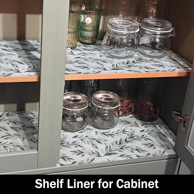 Shelf Liners Non Adhesive and Strong Non-Slip 16IN x 10FT | Shelf and Drawer Liners for Kitchen Cabinet Wire Fridge, Waterproof Shelf Drawer Liner,Easy to Clean,Green Leaf