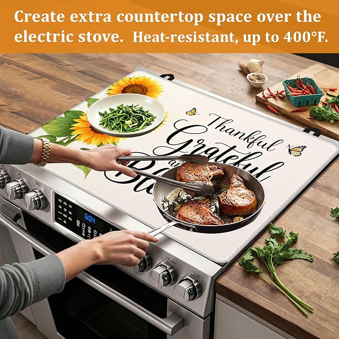 Sunflowers Glass Top Stove Cover Protector,Thankful Grateful Stove Top Covers for Electric Stove,Washable Heat Resistant Cooktop Mat Anti-Slip Range Covers, 28 x 20 Inch