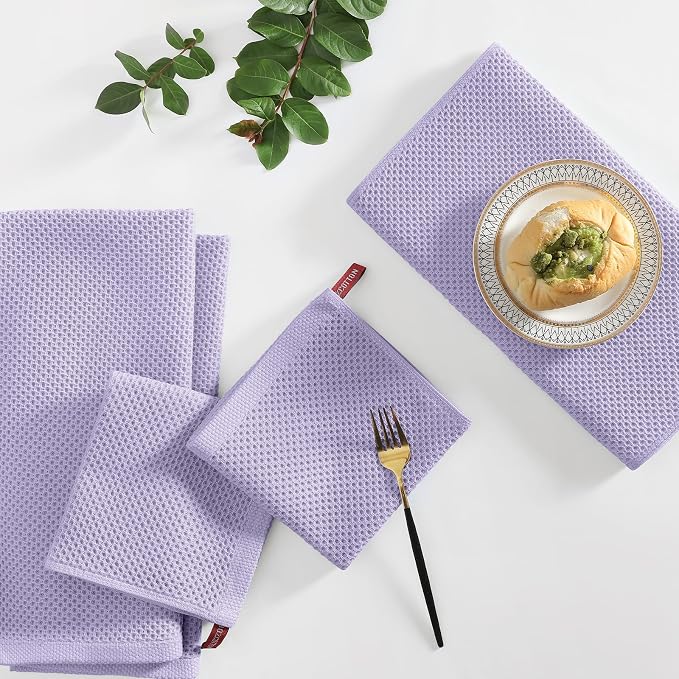 Homaxy 8 Pack 100% Cotton Kitchen Towels and Dishcloths Set, Lavender | 12 x 12 Inches and 13 x 28 Inches Kitchen Towels Set, Ultra Soft Absorbent Dish Cloths for Washing Dishes
