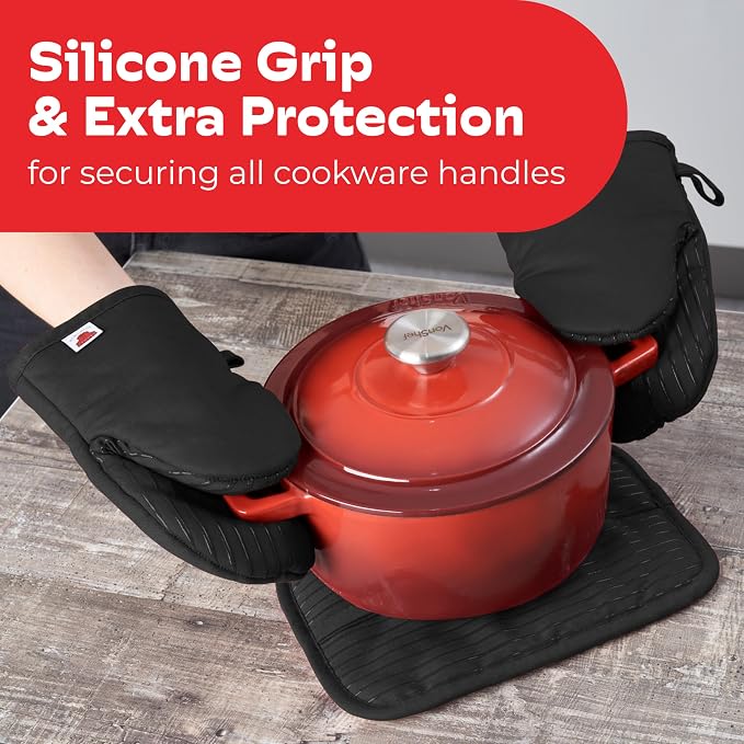 Silicone Mini Oven Mitts - Black Set of 2 - Heat Resistant to 536 F / 280 C Kitchen Gloves Professional Grade Pot Holders for Cooking Baking