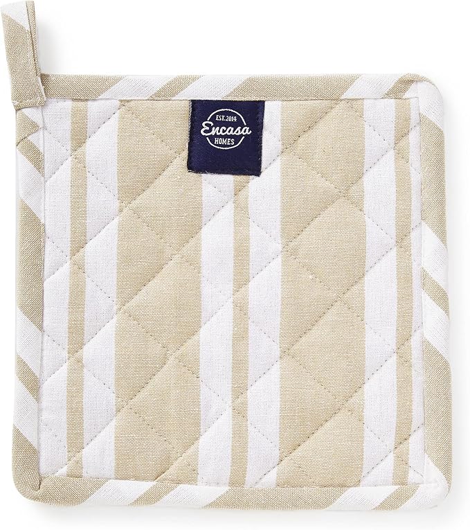 Encasa XO Pot Holders, Quilted Kitchen Hot Pads 8"x8" Franca Beige Stripes | 100% Eco-Friendly Cotton | Thick Cotton Padding Insulation | Convenient Hanging Loop | Set of 2