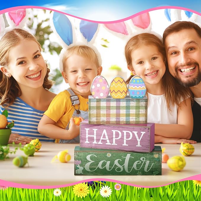 Lineshading 4 Pcs Easter Wooden Block Signs, Farmhouse Tiered Tray Decor | Includes 3 Painted Eggs and Happy Easter Sign Blocks, Rustic Wood Finish for Spring Home Mantle Shelf Centerpiece