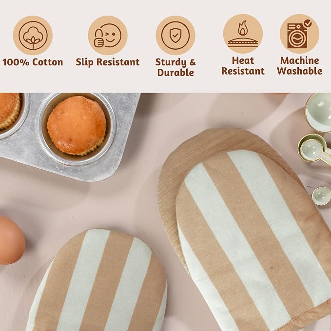 Folkulture Oven Mitts, Striped Cream, Set of 2, Heat Resistant - (5.75"x9") | 100% Cotton, Non Slip, Silicone, Cute Striped Mini Mits with Hanging Loop, Kitchen Décor, Cooking Gifts, New Home Essentials