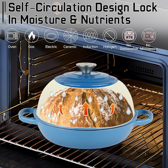 Enameled Cast Iron Bread Oven Dutch Oven Pot with Lid Blue | Bread Dutch Oven for Sourdough Bread Baking, 6 Quarts 10" Bread Pan with Dome Lid, Non-stick Cookware for Homemade Bread