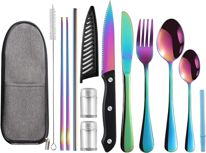 Logcow Travel Utensils Set with Case, 10-Piece Reusable Stainless Steel Camping Cutlery, Portable Fork Spoon Knife Chopsticks & Straw for Work, Lunch, Picnic (Rainbow)