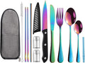 Logcow Travel Utensils Set with Case, 10-Piece Reusable Stainless Steel Camping Cutlery, Portable Fork Spoon Knife Chopsticks & Straw for Work, Lunch, Picnic (Rainbow)