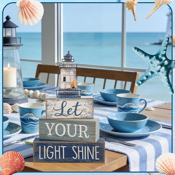Lineshading 4 Pcs Lighthouse Coastal Decor Wooden Block Signs Rustic | Bathroom Tabletop Decoration for Home, Lighthouse Topper Tiered Display, Let Your Light Shine Phrase Wood Stacking Blocks