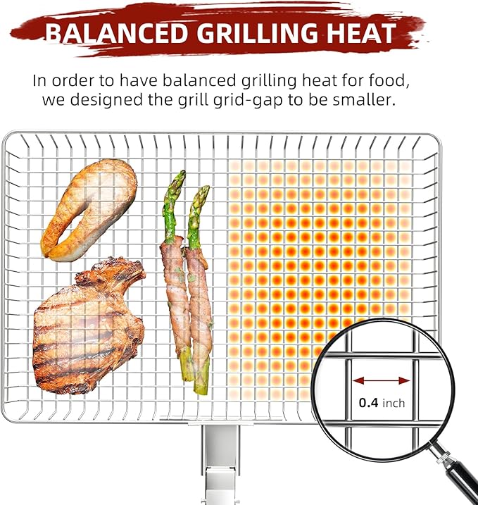 Grill Basket Extra Large, SUS304 Stainless Steel, Portable Folding BBQ Camping Grilling Rack for Fish, Vegetables, Shrimp, Barbeque Griller Cooking Accessories, Grilling Gifts for Men, Dad