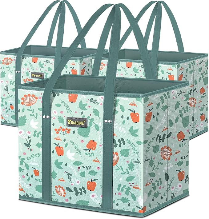 BALEINE 3PK Reusable Grocery Bags, Heavy Duty Shopping Tote Bag | 12'' Long Handles, Reinforced Bottom Keeps Upright, Fold Flat Storage, Water-Resistant Shopping Bag, Multiple Color Options