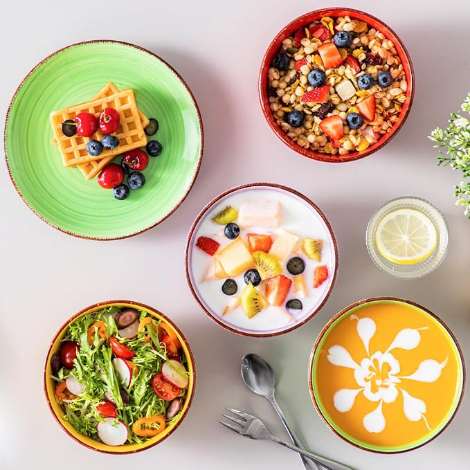 vancasso Bonita Dinnerware Set Multicolor Stoneware 12 Pieces Service for 4 | Handpainted Spirals Pattern Stoneware Plates and Bowls Set, Modern Ceramic Plate Set-Microwave and Dishwasher Safe