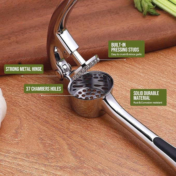 Kitchen Garlic Press, Rust Proof & Dishwasher Safe Garlic Mincer, Durable Garlic Crusher, Easy to Clean and Squeeze, Chrome
