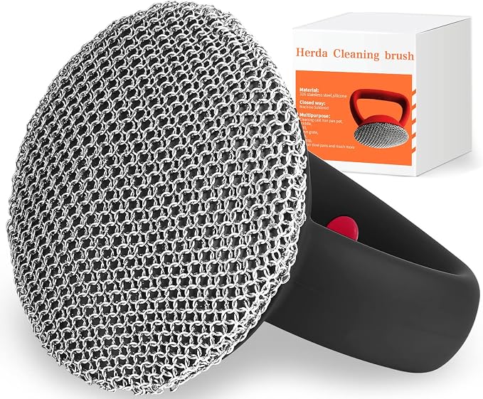 Cast Iron Cleaner Scrubber with Heavy Duty Handle, 3mm Welded Chain Mail | Fine Ring, Stainless Steel Sponge Chainmail Scrubber, Skillet Oven Grill Cleaning Metal Brush -Dishwasher safe,Heat Resistant