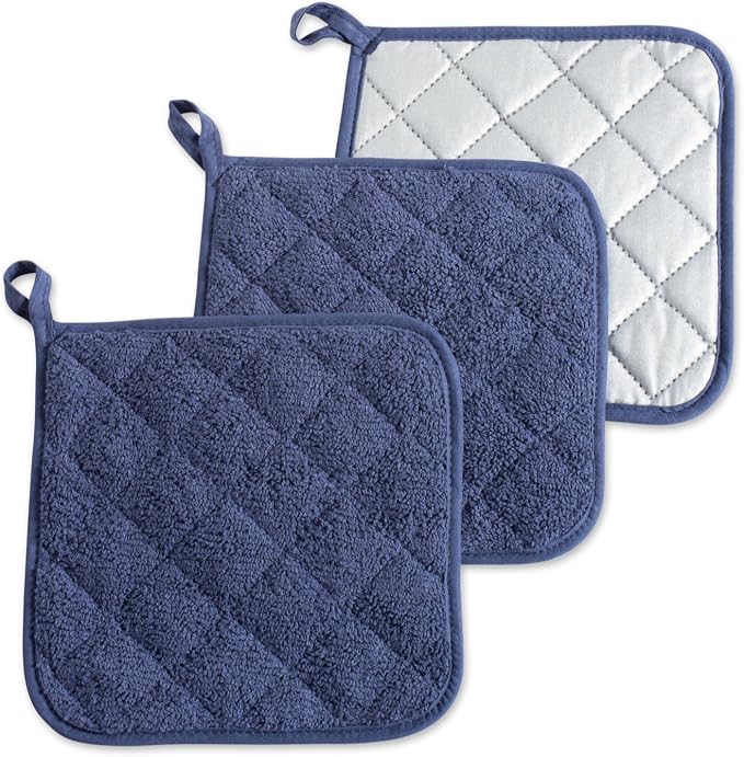 DII Basic Terry Collection Quilted 100% Cotton, Potholder, French Blue, 3 Piece
