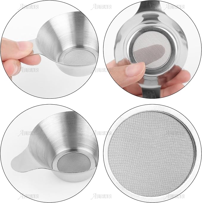 AUEAR, 4 Pack Stainless Steel Tea Strainer Fine Mesh Infuser Funnel Different Size Leaf Filter with Double Handles for Coffee Flour Sugar